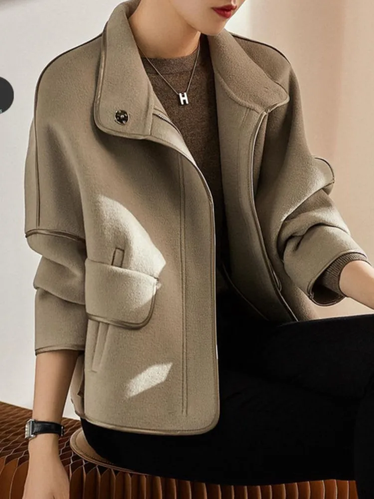 

Женское Короткое шерстяное пальто, свободная тонкая куртка на молнии с воротником-стойкой, повседневная верхняя одежда, весна-осень 2024