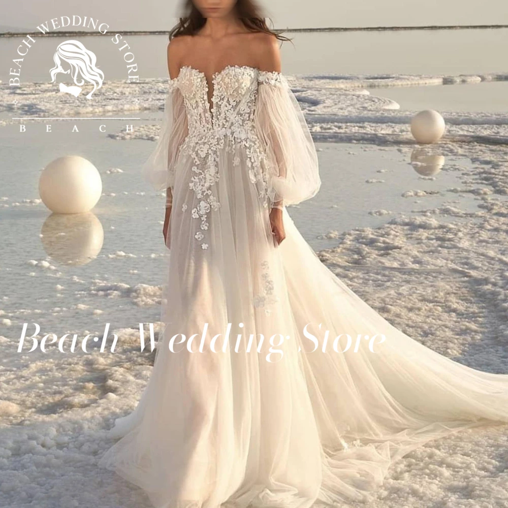 Beach Customized Off  Shoulder Wedding Dress Long Puff Sleeves Appliques Floor Length Soft Tulle Lace Bridal Gowns Sweep Train