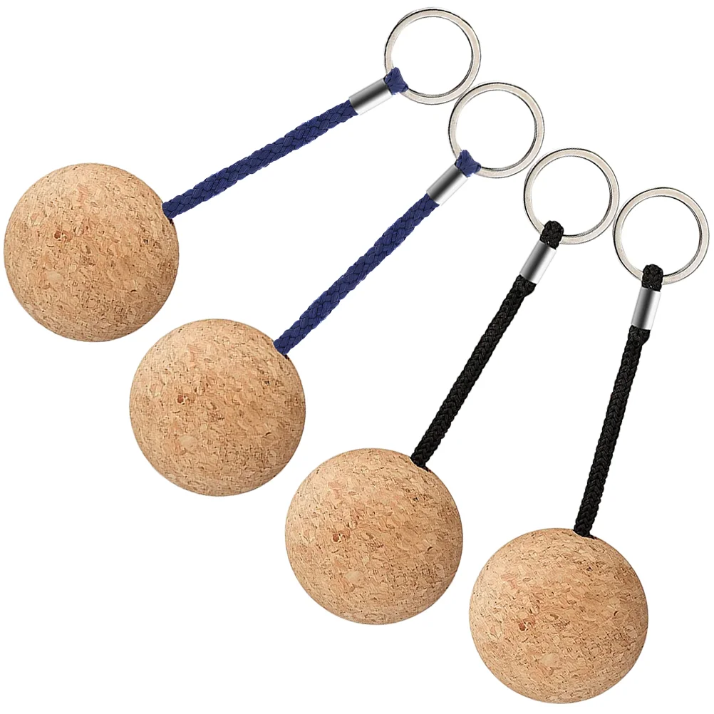 4 Pcs Wooden Ball Key Ring Conspicuous Keychain Floating Cork Round Water Sports Boating Keyring for Keys Surfing