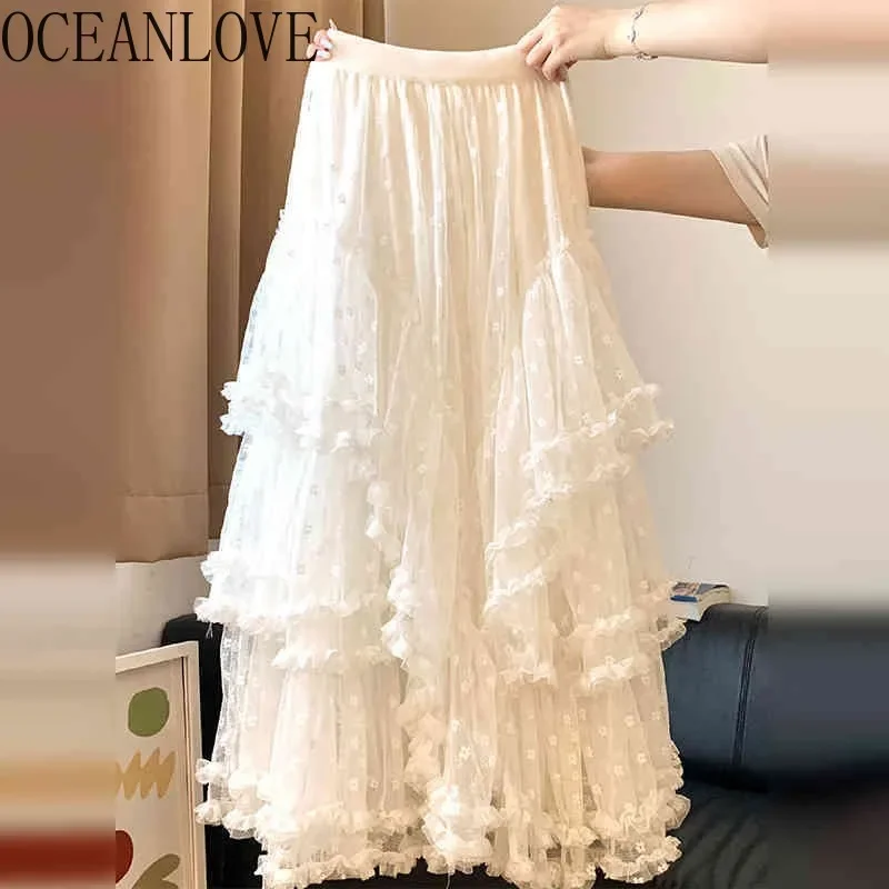 

OCEANLOVE White Lace Skirts Women Ruffles Spring Autumn A-line Elegant Faldas Mujer Korean Fashion Sweet Retro Long Skirt