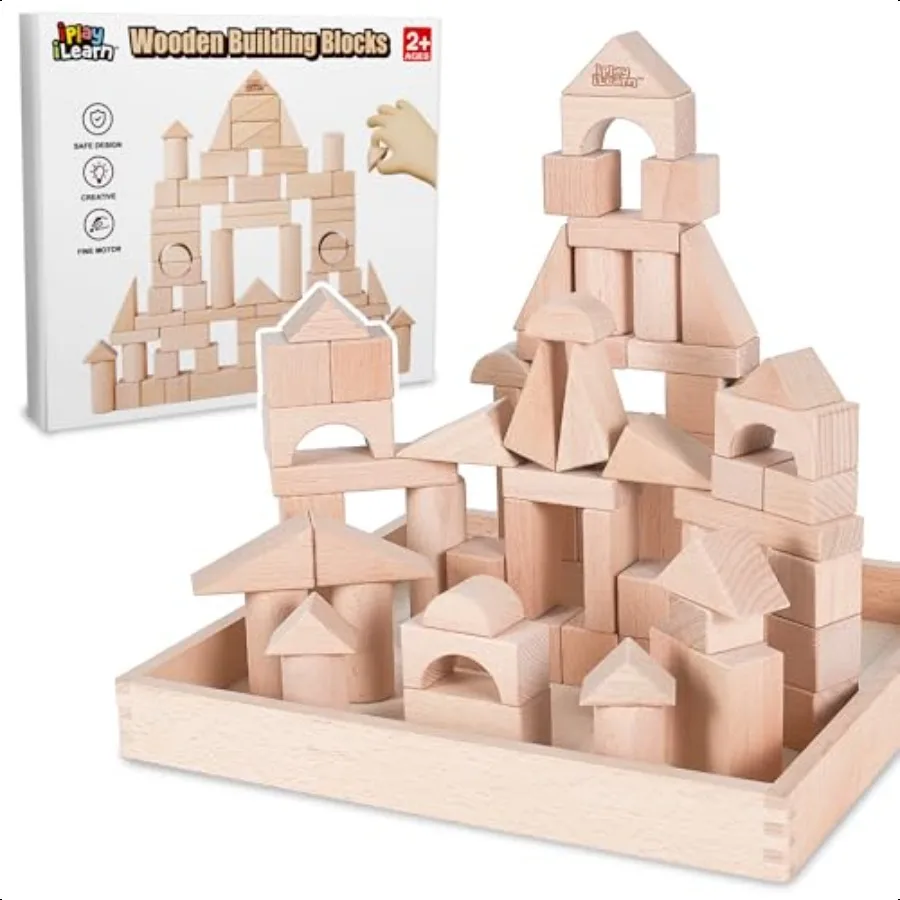 

iPlay iLearn Kid Wooden Building Block Set Toddler Natural Wood Block Montori Learning Toy Large Hardwood Stacking Brick Castle