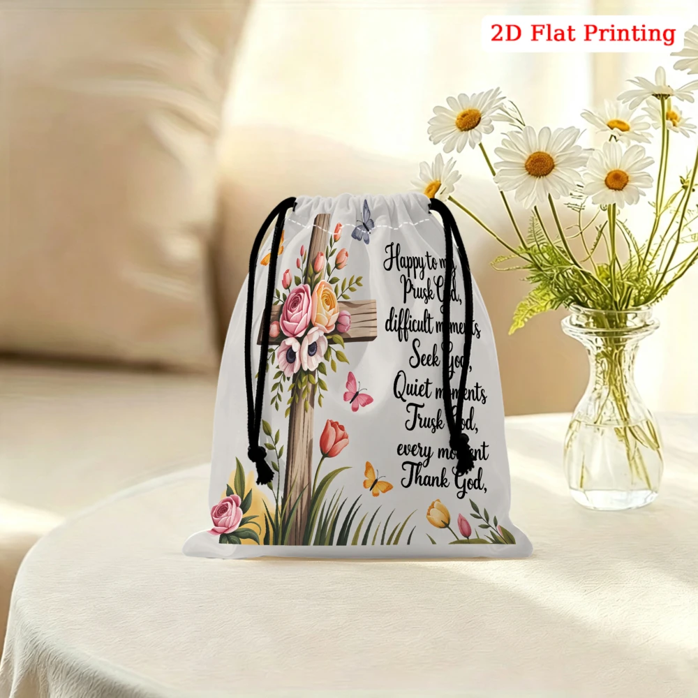 1pc Floral Cross Print Drawstring Bag White Religious Quote Storage Small Pouch Travel Organizer For Women Gift Portable Pouch