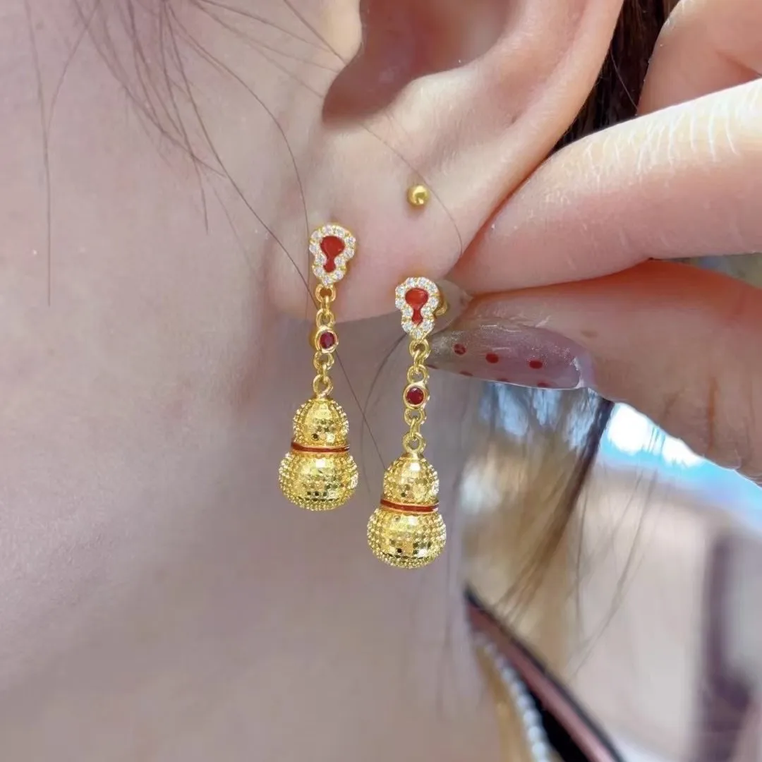 

Women's 24K Gold (AU999) Diamond Laser Carved Gourd Earrings | Faceted Gourd, Laser-Carved Vines with Rose Quartz Belly