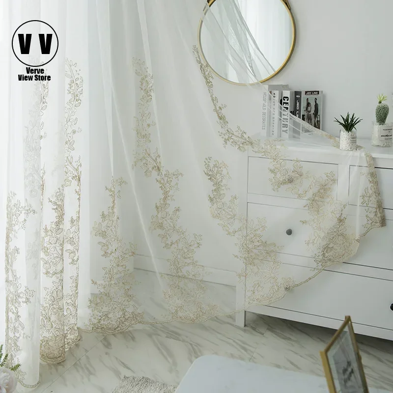 

Embroidered Luxury Tulle Curtains For Living Room Bedroom Floral Voile Sheer Window Screen Curtain for Kitchen Blinds Drapes