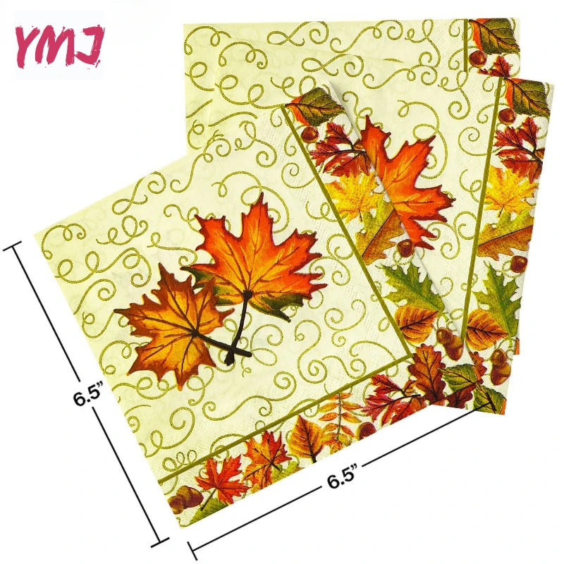 Maple Nut Border Thanksgiving Party Printed Napkins on Yellow Background DIY Butterfly Bone Bartlet Paper 10/20pcs/Pac 33*33cm