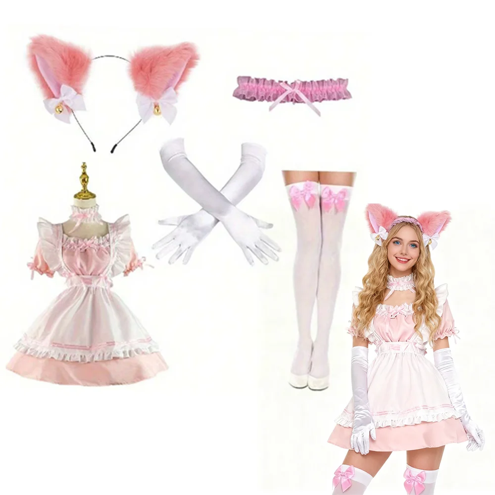 

PESENAR Womens Bunny Costume Girl Suit Button Crotch Romper Onesie Bodysuit Cosplay Costume Furry Cat Ear Gloves Socks set