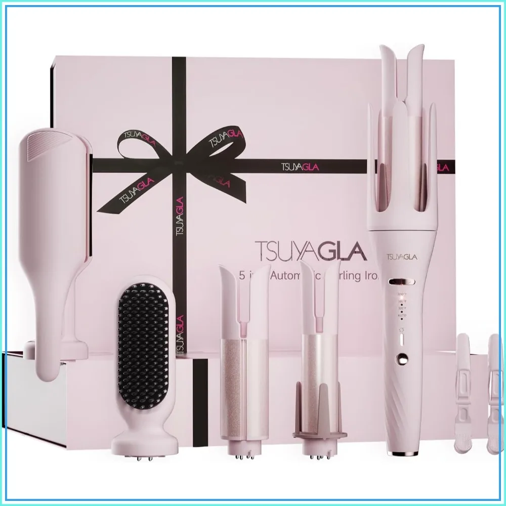 5 in 1 Auto Curling Iron Set - 1", 1.25", 1.5" Barrels, Hair Crimper & Straightening Brush, Rotating Ceramic, 3 Temp, Dual Voltage, Anti-Scald, Pink