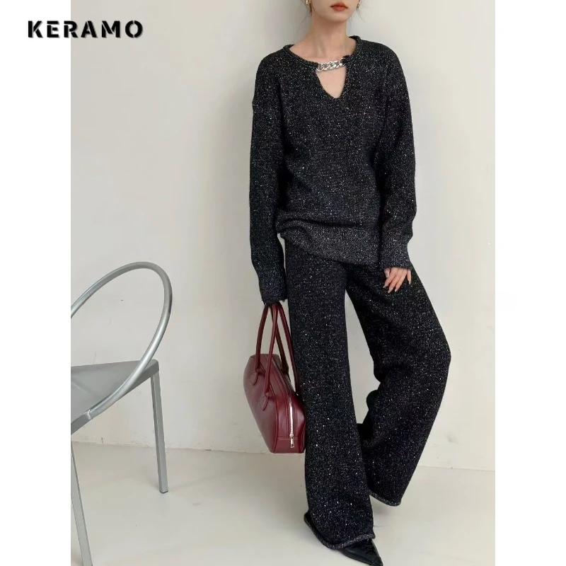 Luxury Fashion Casual Two-piece Set Women Holllow Out Long Sleeve Top + Solid Trousers Sets Lady Shinning Chic Pants Suits