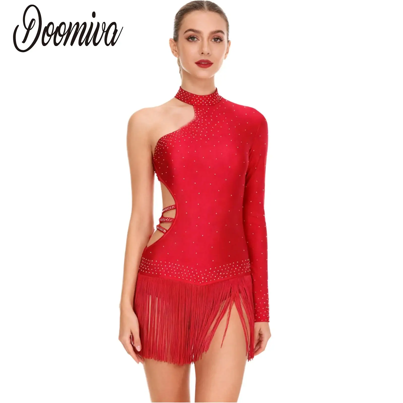 

Women Ballet Dance Dress Latin Tango Salsa Rumba Performance Costume Single Long Sleeve Rhinestones Fringed Leotards Jazz Dress