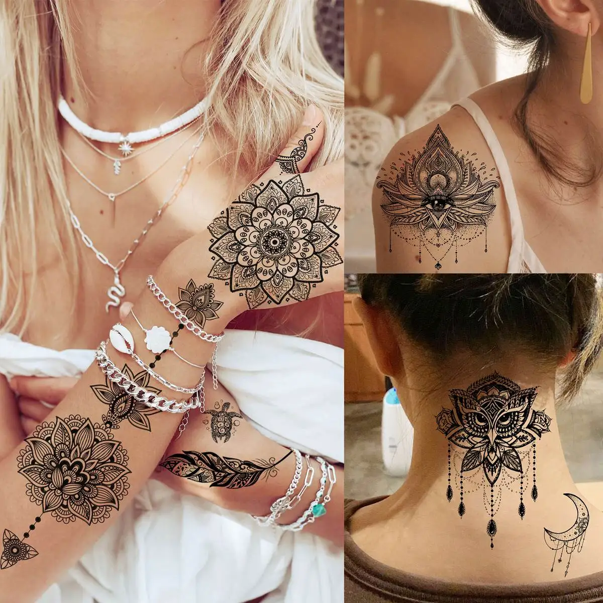 64 Sheets Black Henna Temporary Tattoos For Women Arm Neck Arm Mandala Flower Tattoo Fake Dreamcatcher Lion Wolf Tatoos Bracelet