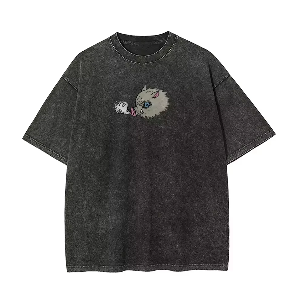 2026 Demon Slayer Inosuke Hashibira Boar Head Vintage Washed T-Shirt Street Style Short Sleeve Men's and Women's Top Summer