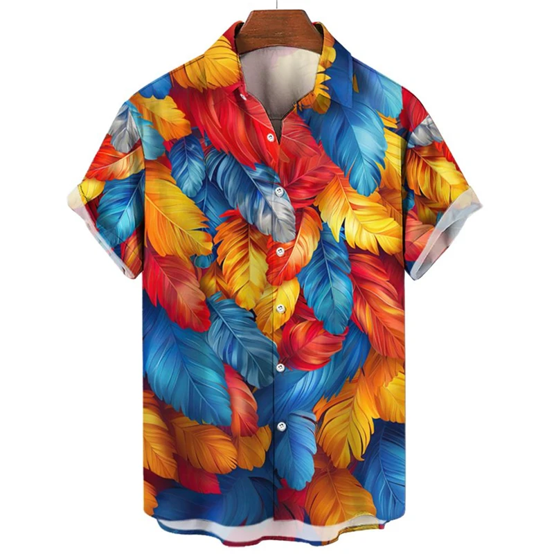 Colorful Feather 3d Printed Shirt For Men's Clothing Personality Street Lapel Shirts Tops Casual Fashion Single Breasted Blouse