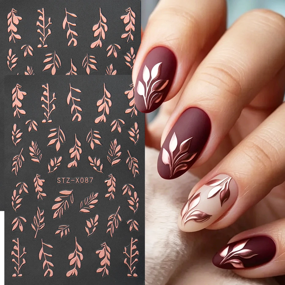 2 Stück Blätter-Nagelkunst-Aufkleber, roségoldenes Design mit gefallenen Blättern für Herbst-Nagelkunst-Dekorationen, DIY-Maniküre-Zubehör