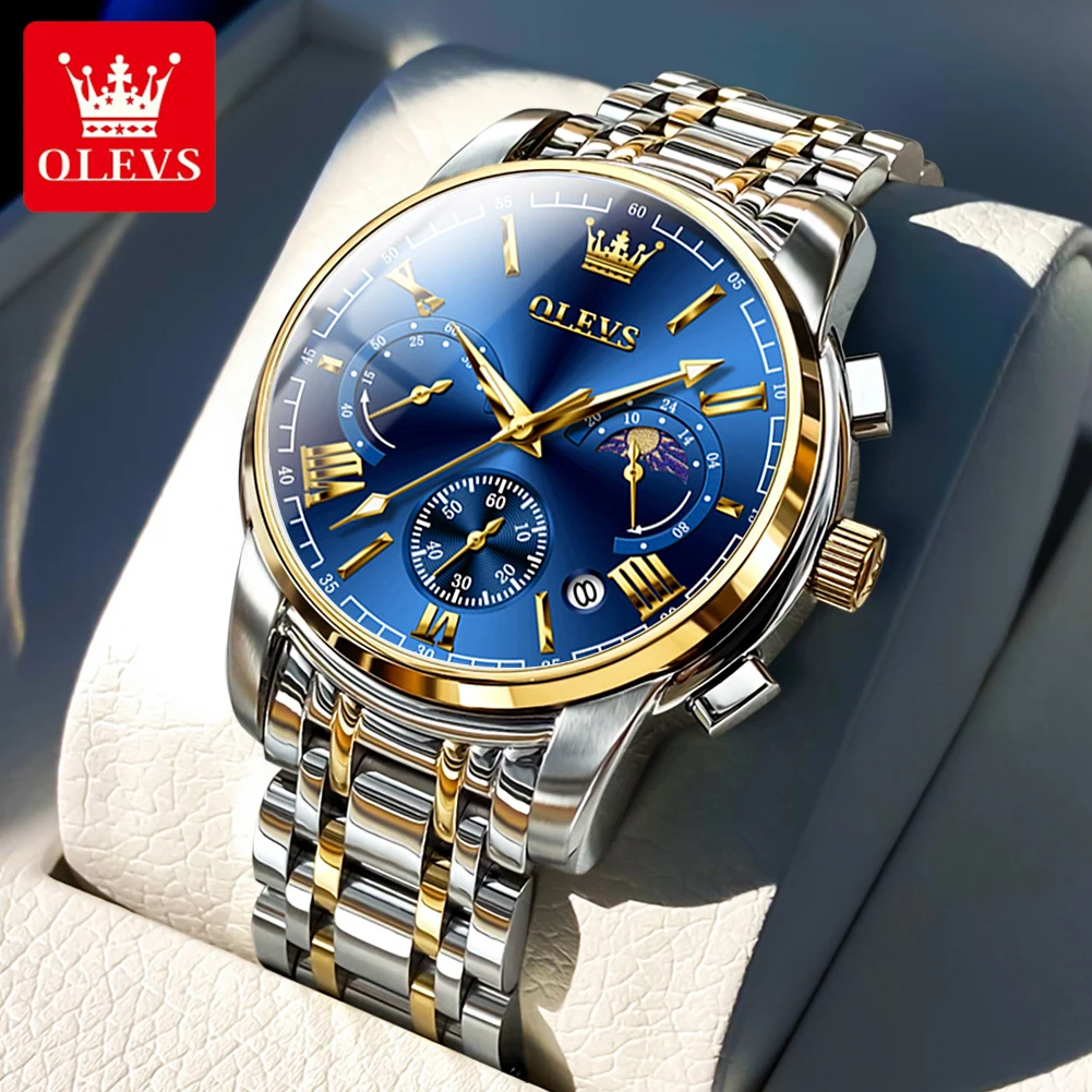 OLEVS Brand Original Mens Watches Calendar Moon Phase Chronograph Waterproof Quartz Wristwatch for Men Luxury Fashion Man Watch