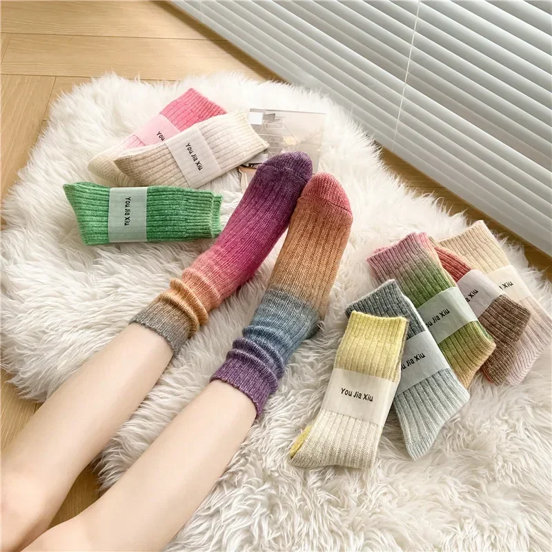 Winter Thick Warm Long Socks Gradient Wool Cashmere Kawaii Socks Women Thermal Floor Sleeping Socks New Year Gift Autumn