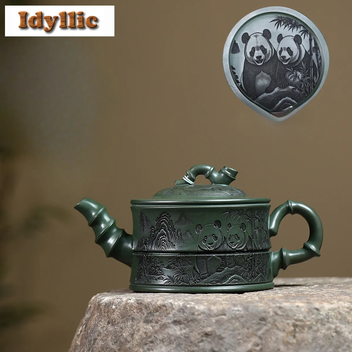 

820ml Elegant Yixing Purple Clay Teapots Handmade Bamboo Section Of Panda Pot Raw Ore Green Mud Tea Making Kettle Zisha Tea Set