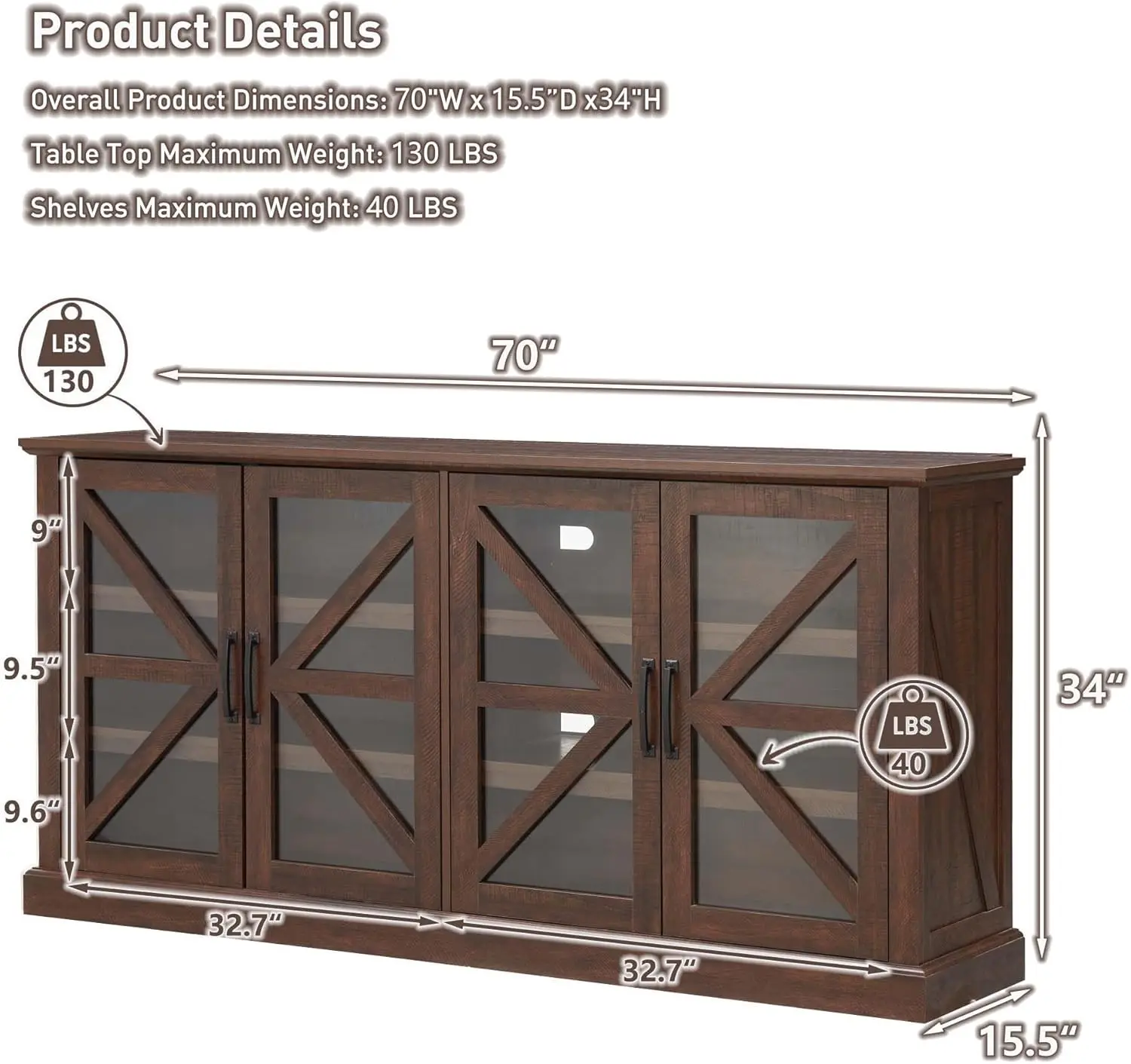 70" Wood Rustic Sideboard Buffet Cabinet w/4 Glass Barn Doors & Adjustable Shelf, Coffee Bar Cabinet for Kitchen, Dining Room