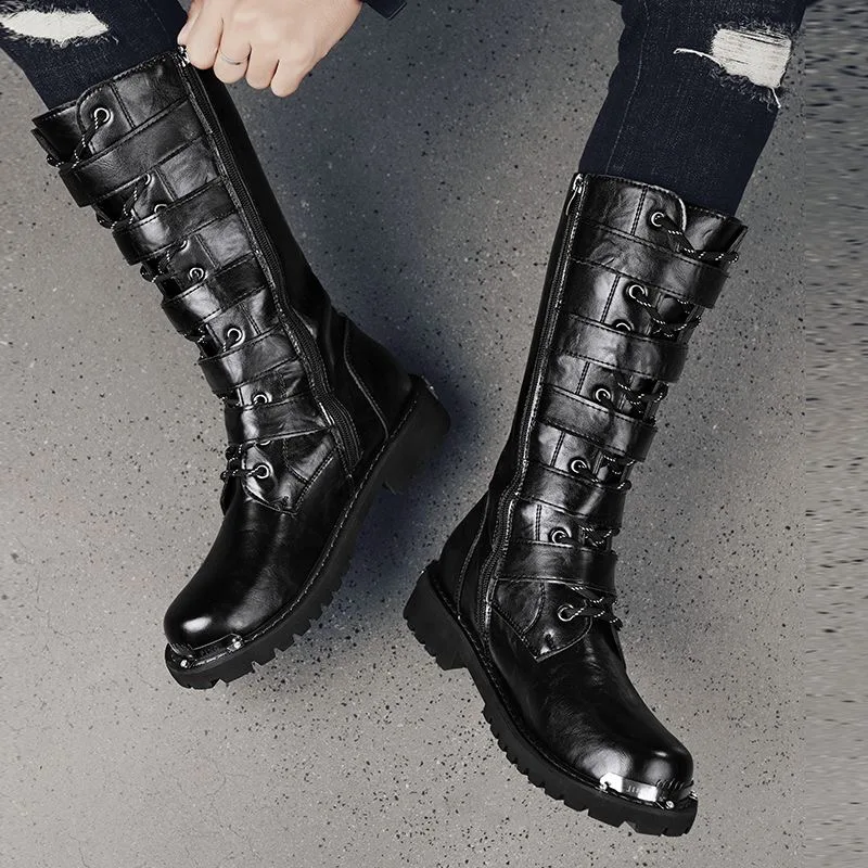 

Men's High Top Motorcycle Boots Niche Cool Boot Belt Buckle Design for Knight Men Boots Retro British Tooling Boots Botas Hombre