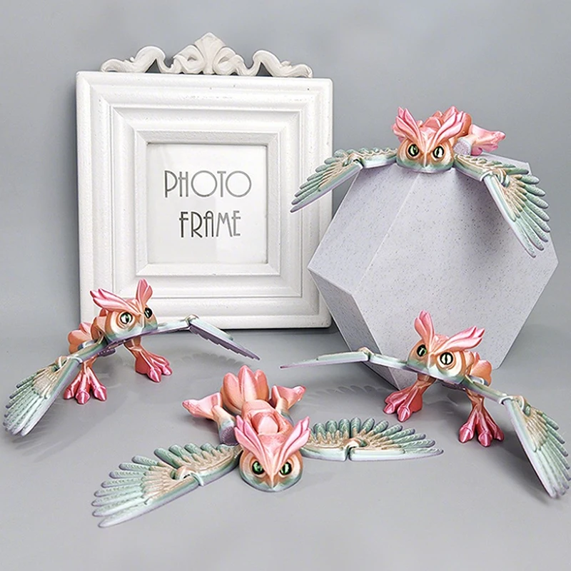 3Dプリントのフクロウボタン、羽を振る、手作り、子供のおもちゃ、卓上装飾、関節可動、漫画風シミュレーション動物フィギュア