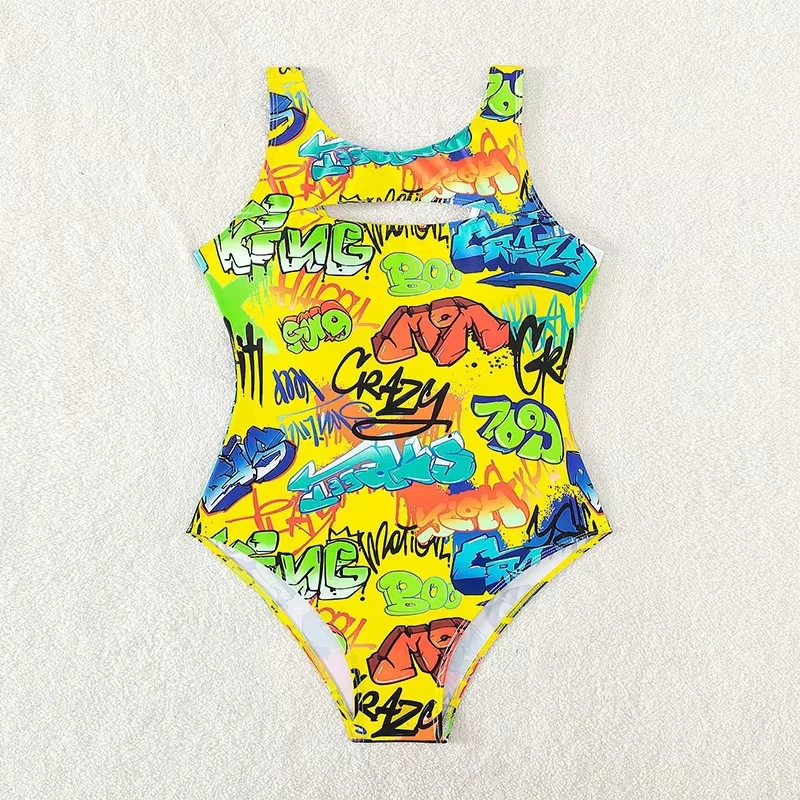 Vintage Yellow Abstract Print One Piece Swimsuit 2025 Women Hollow Out Holiday Bathing Suit Tummy Control Swimwear Beachwear