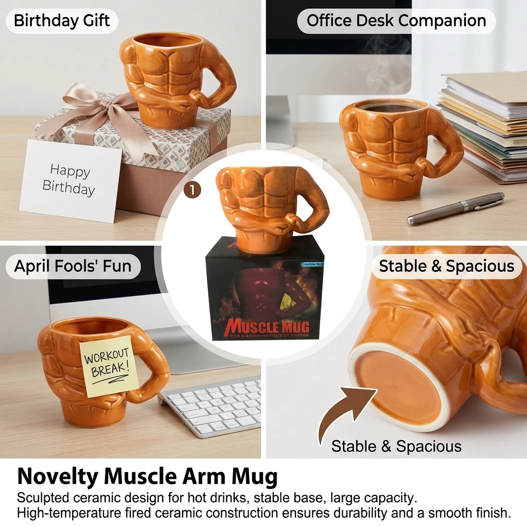 Ceramic Coffee Mug for Birthday Parties Men's Funny Muscle Arm Bodybuilder Cup Novelty Office Gift Large Capacity Durable