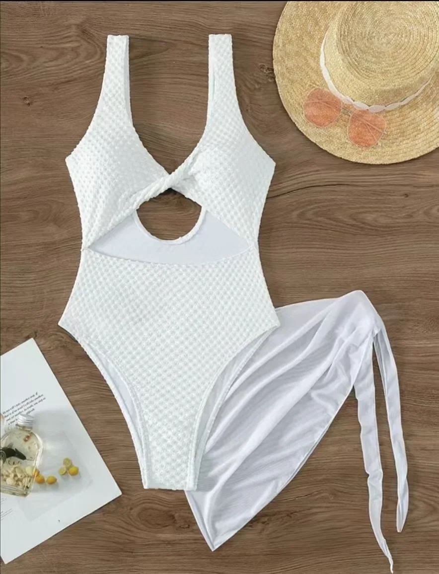 

Sexy White Front Knot Hollow Out Swimsuits Two Pieces with Mesh Cover Skirt Bikinis Bathing Suit Beach Outfits Biquini Tankini