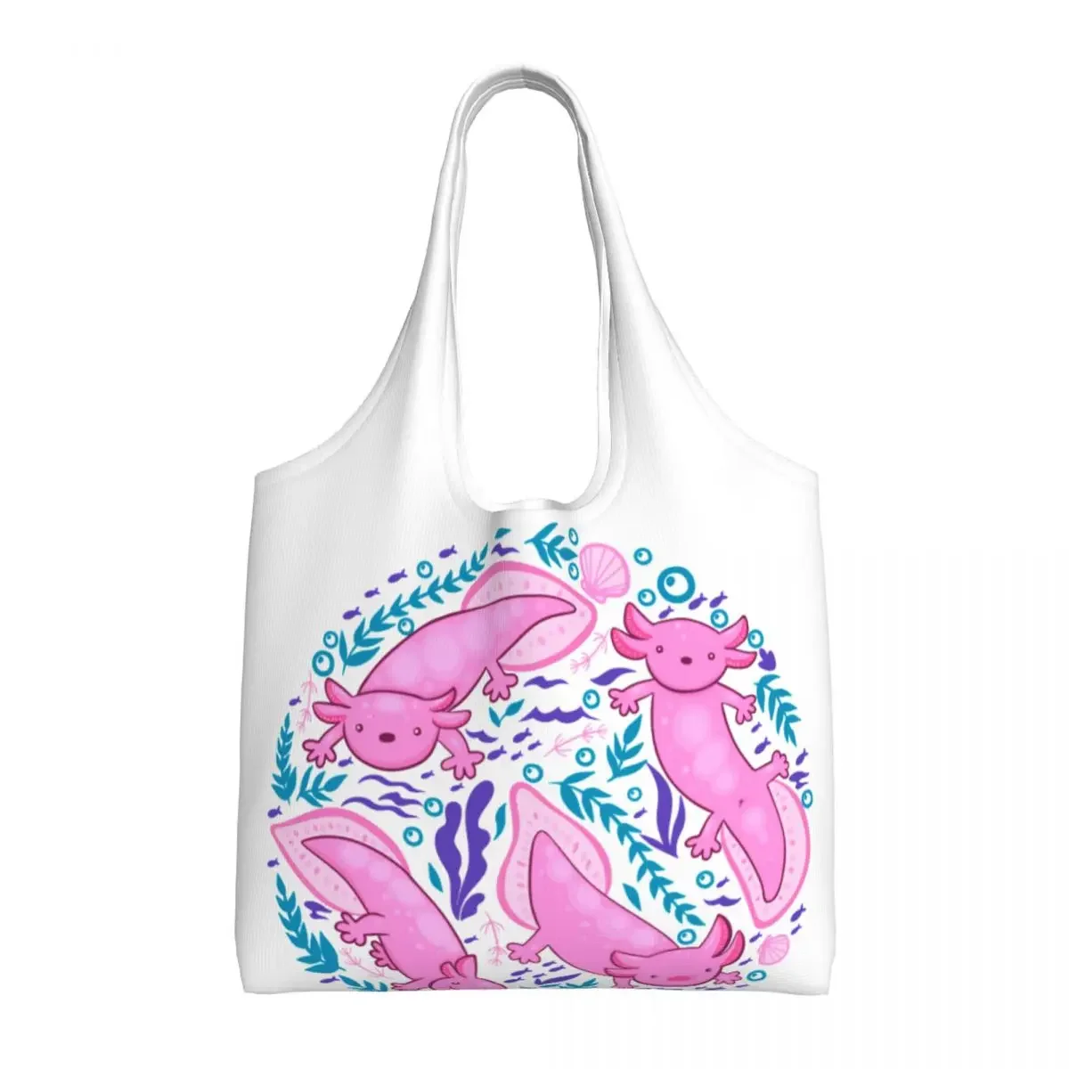 

Recycling Cut Axolotl Shopping Bag Women Shoulder Canvas Tote Bag Portable Salamander Animal Groceries Shopper Bags Handbags