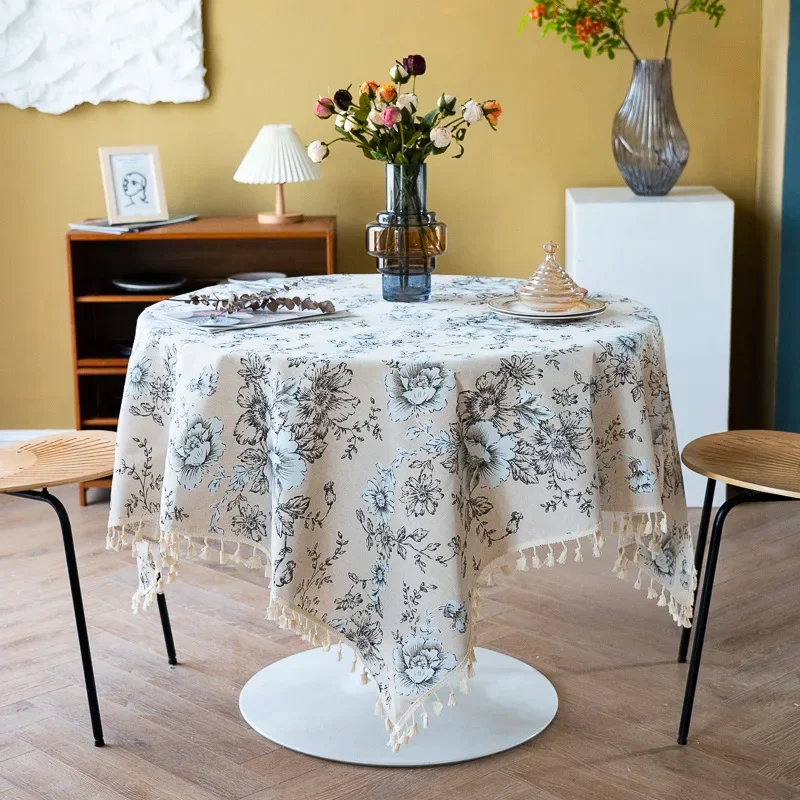 Cotton Linen Table Cover with Tassels Retro Chinese Peony Printed for Home Decoration Korean Rectangular Tablecloths Restaurant