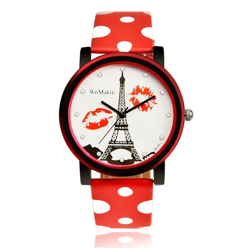 WOMAGE Women Watch Fashion Eiffel Tower Watch Polka Dot Leather Ladies Watch Women's Watches relogio feminino bayan kol saati