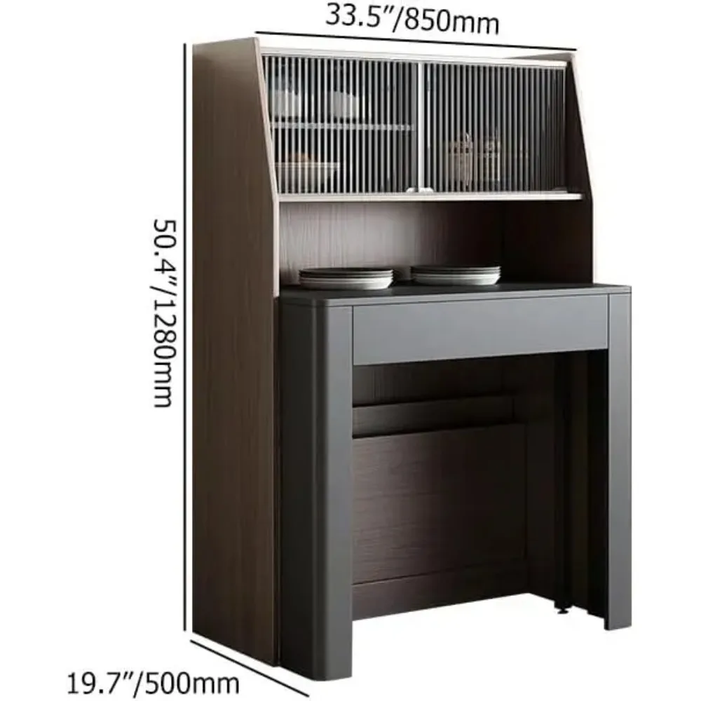 Modern Extendable Dining Table with Storage, Farmhouse Kitchen Table Rectangle Sideboard Glass Door