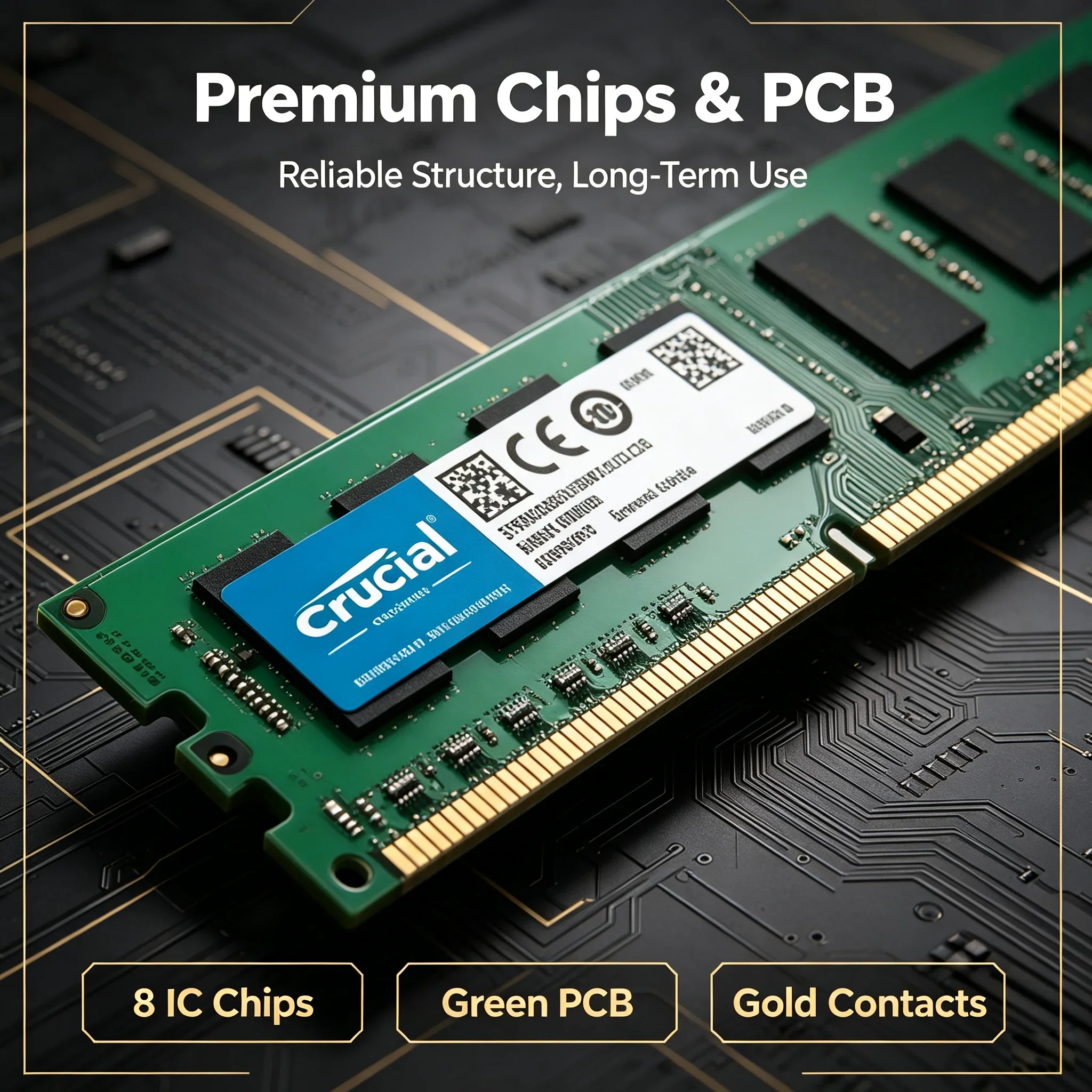 Genuine Crucial Desktop DDR3/DDR3L Memory 4GB 8GB, 8 Chips Green PCB, 1.35V 1.5V, 1333 1600 1866MHz 240Pin DIMM For Old PC