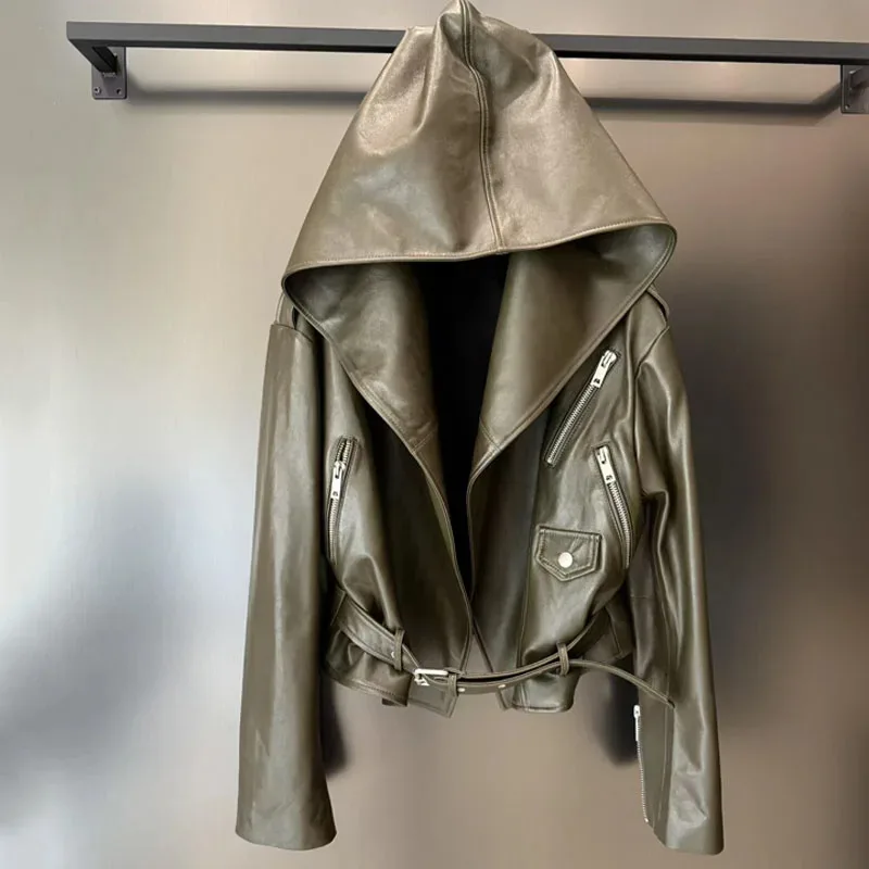 Wysokiej jakości płaszcz damski na wiosnę 2025, nowość, kurtka ze skóry naturalnej z kapturem, krótka.