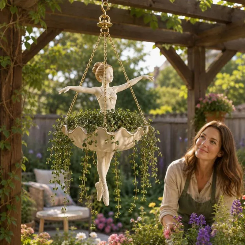 Indoor Planter Resin Dancer Flower Holder Multifunctional With Top Hook And Three Chains, Decorative Plant Display