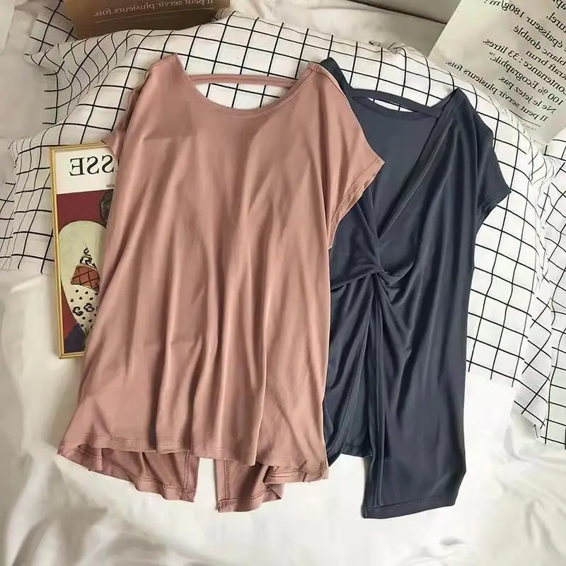 

plus Size Women's T-Shirt Backless Knot Design Short Sleeve Maternity Cover up Casual Loose Fit Summer Top Trendy Style