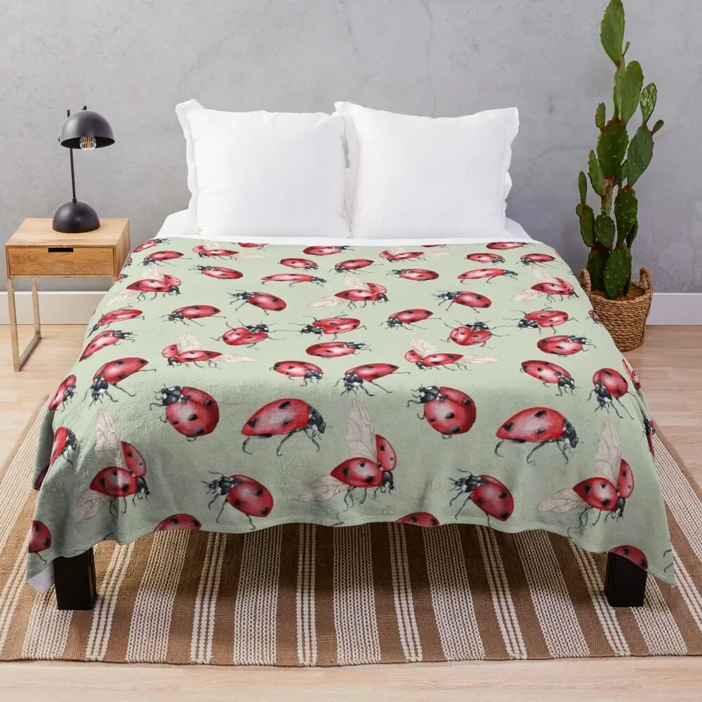 Watercolor ladybug repeating pattern -green Throw Blanket Baby Soft Big Blankets