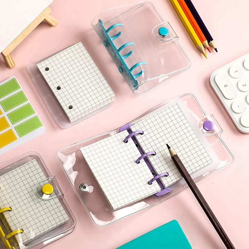 T04C-5 Pack Mini Transparent 3 Ring Binder Covers With Binder Inner Papers Storage Bags Label Sticker Binder Pockets