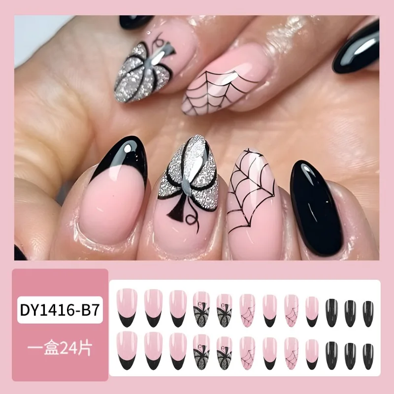 Juego de uñas postizas con purpurina, 24 piezas, color negro, francés, calabaza, para pegar, regalo de Halloween