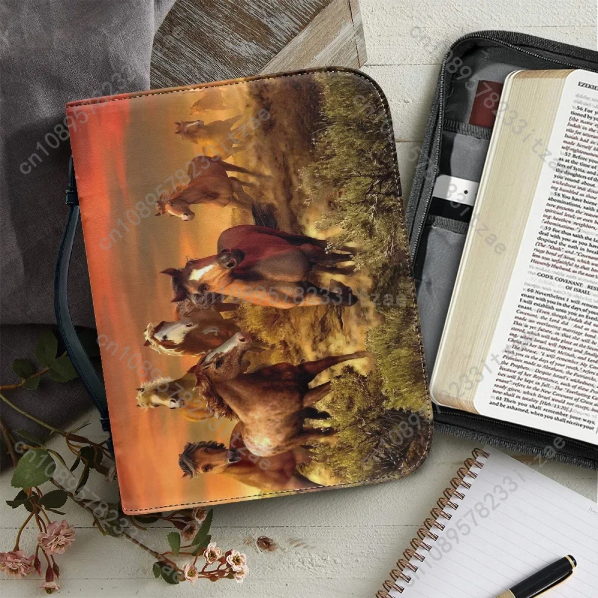 

Women's Bible Bag Portable Zipper Handle Handbags New 3D Running Horse Print Bible Cover Case Custom Christian Bible Storage Bag