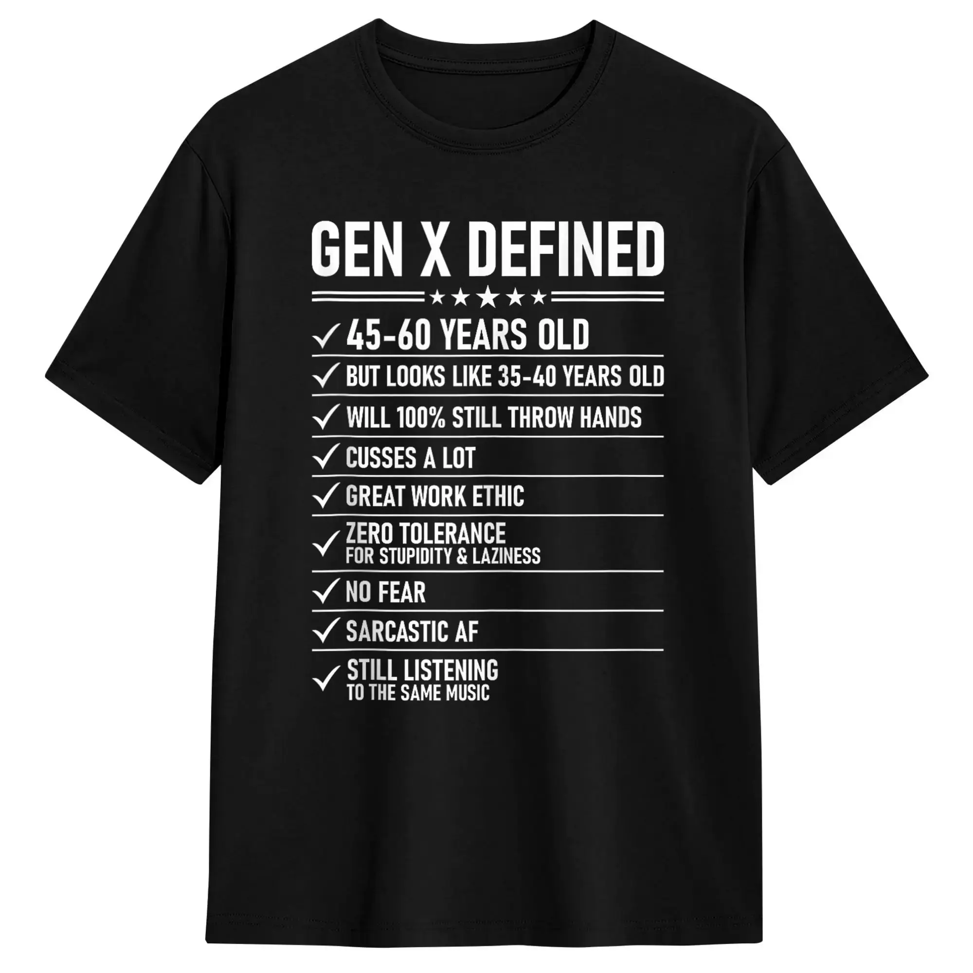 Gen X Defined Funny Generation X Checklist Sarcastic Graphic T Shirts for Men Pure Cotton Vintage T-Shirts Round Neck  Tees