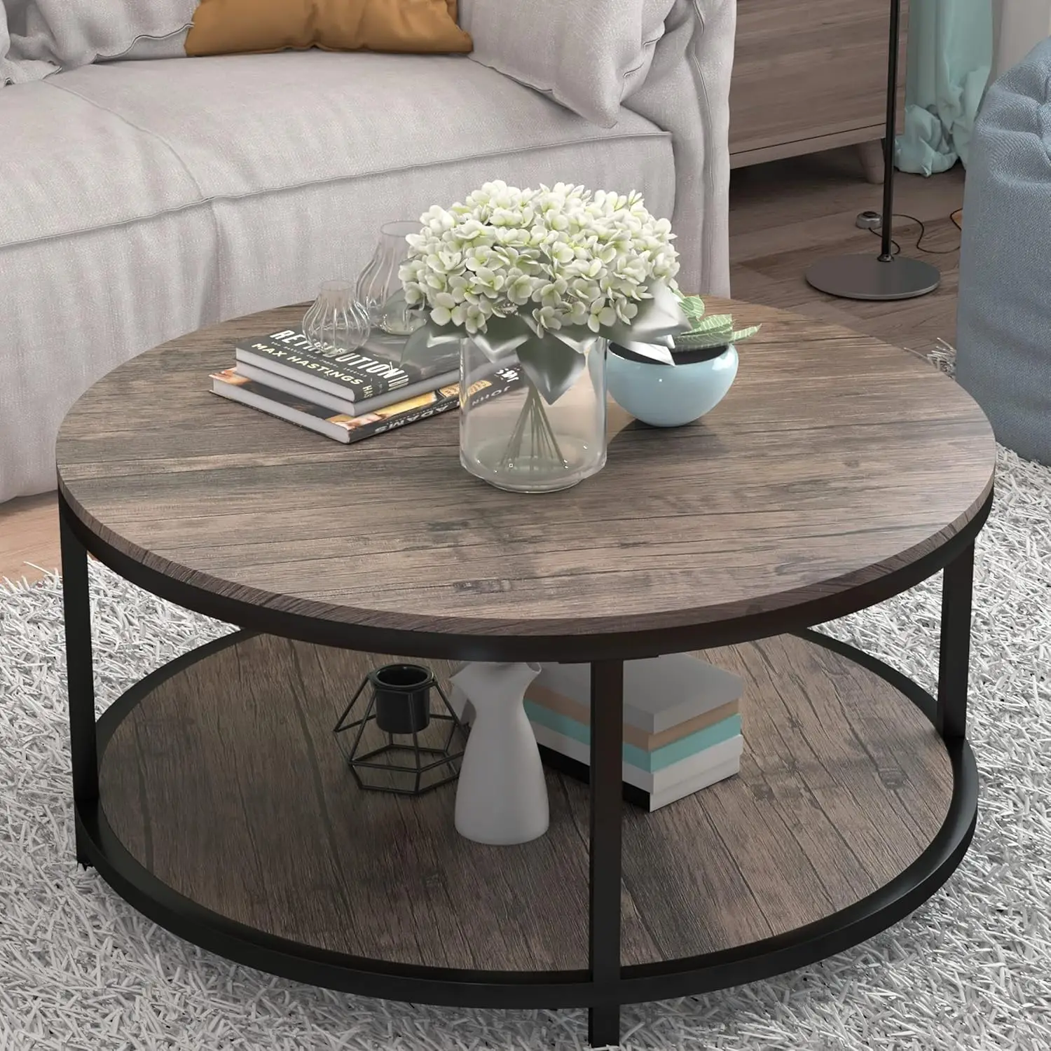 

Round Coffee Table, 36" Coffee Table for Living Room, 2-Tier Rustic Wood Desktop with Storage Shelf Modern Design Accent Center