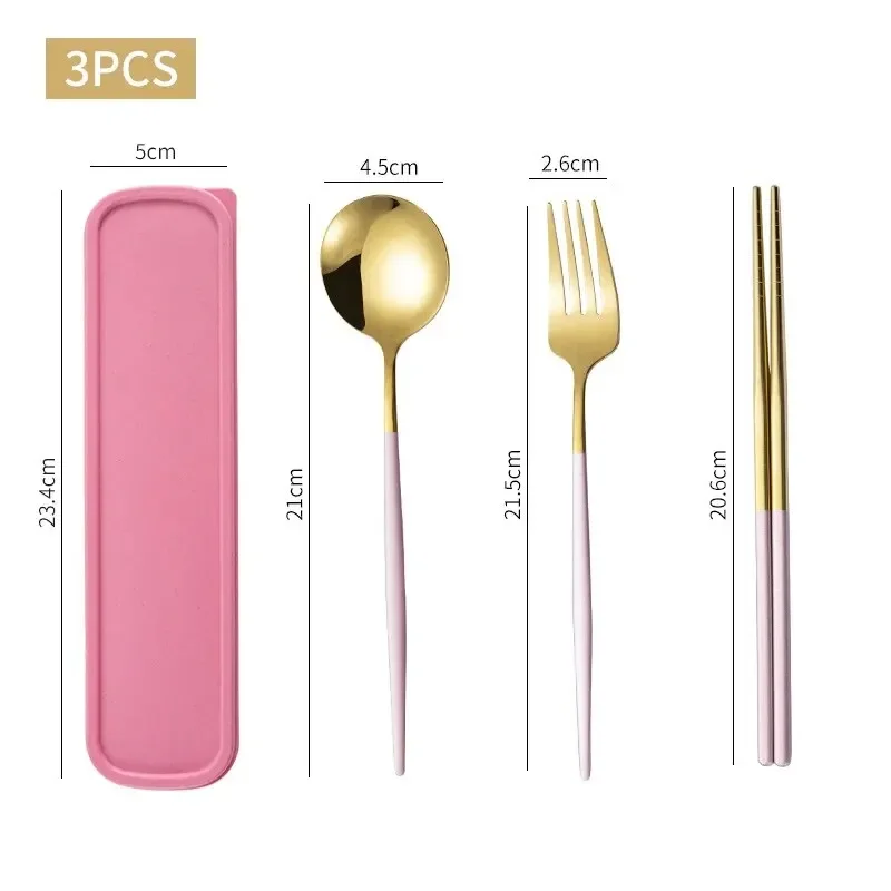 1Set Household Stainless Steel Portable Tableware Chopsticks Spoons Forks Three Pieces Set with Box Easy to clean Easy to carry