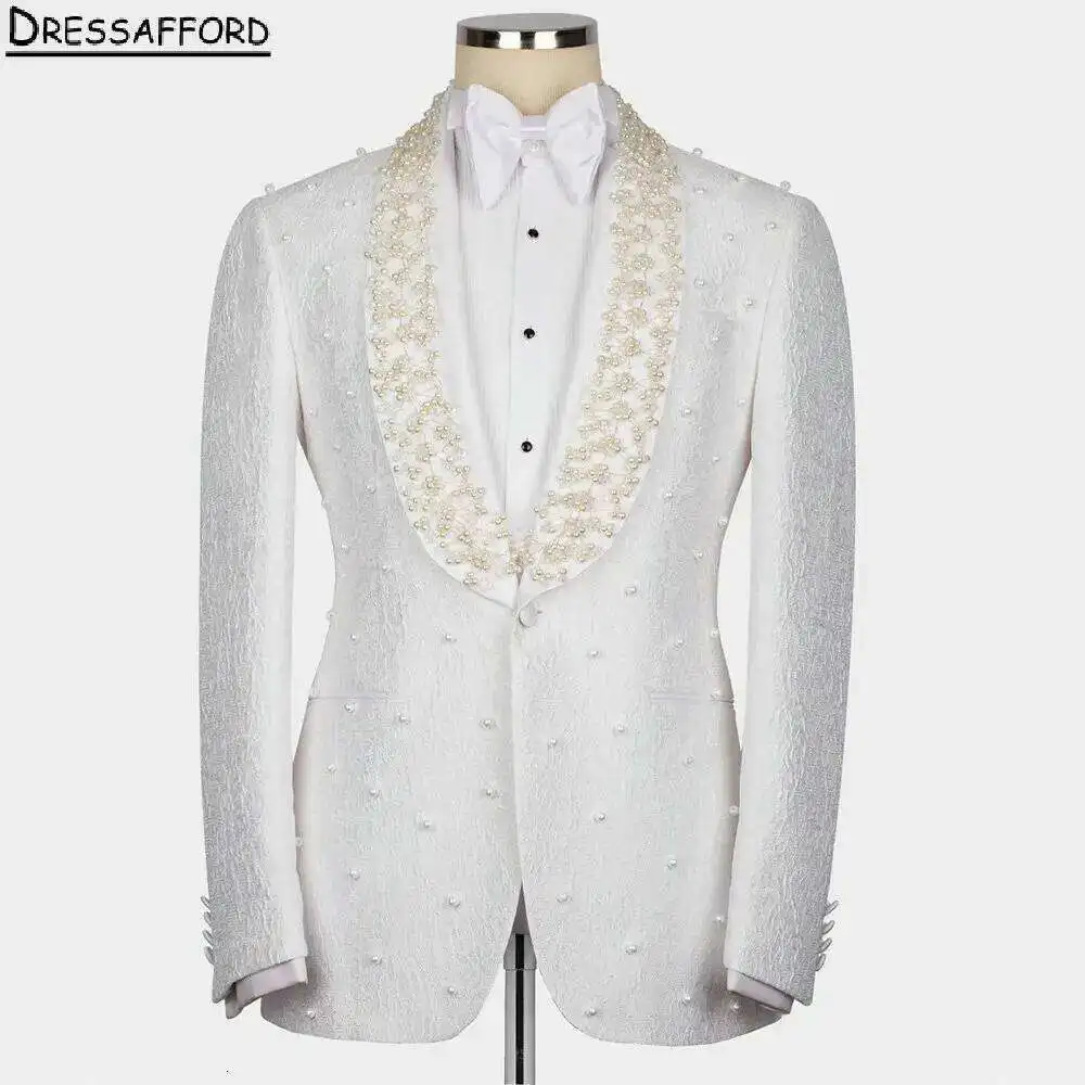 

White Jacquard Men Suits For Wedding Pearls Beading Groom Tuxedos 2 Pieces Jacket Pants Prom Blazers Customized