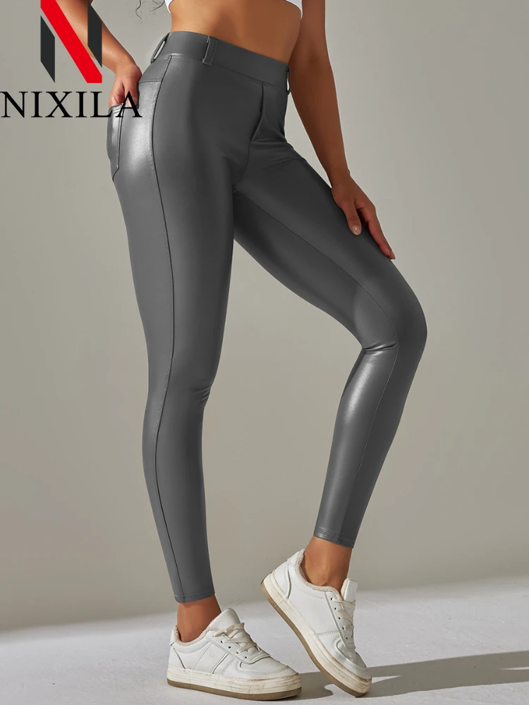 Leggings de couro PU elásticas femininas, leggings de aptidão falsa, cintura alta, calças apertadas cortadas, legging feminina, bolso sexy, novo