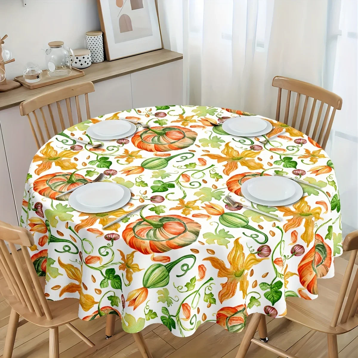 1 piece of circular Thanksgiving tablecloth - Autumn-themed with maple leaves and pumpkins design, perfect for the kitchenxzj