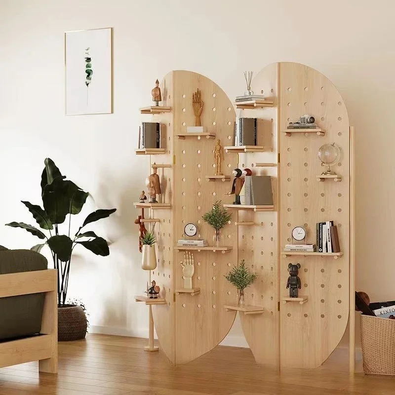 Perforated board screen wooden floor-standing movable storage rack Home entrance partition screen solid wood