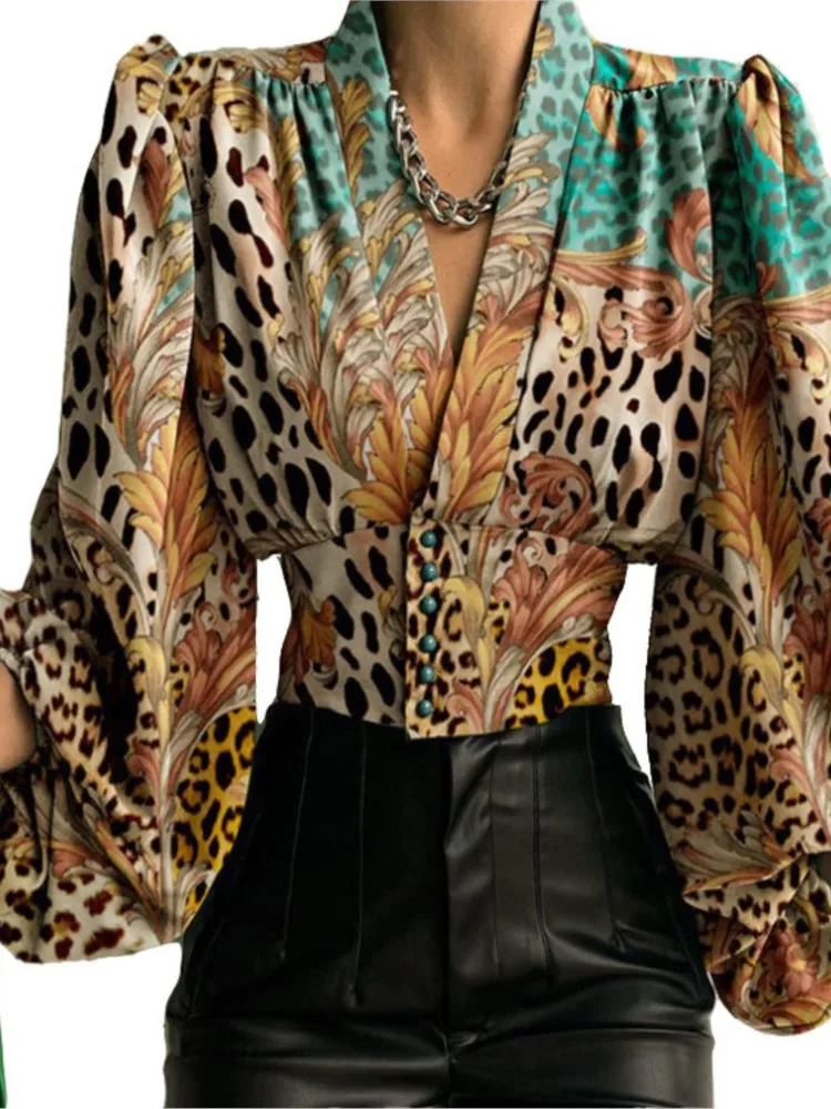 

2024 Spring Women's New Fashionable Printed Button Back Sexy V-neck Lantern Sleeve Long Sleeve Tight Top Shirt
