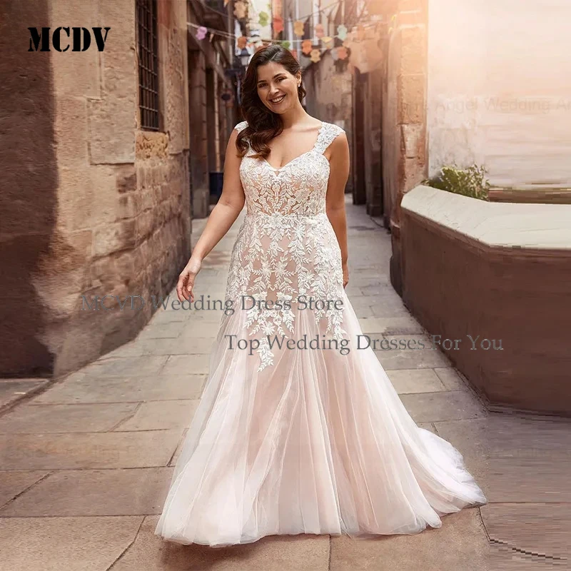 

MCDV Customized Plus Size Mermaid Wedding Dresses 2025 V Neck Backless Bridal Gown with Lace Appliques Zipper for Women Bride