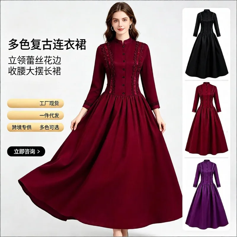 Halloween Gothic Victorian Long Dress Stand Collar Slim Waist Voluminous Swing Skirt Vintage Court Elegant Evening Party Gown