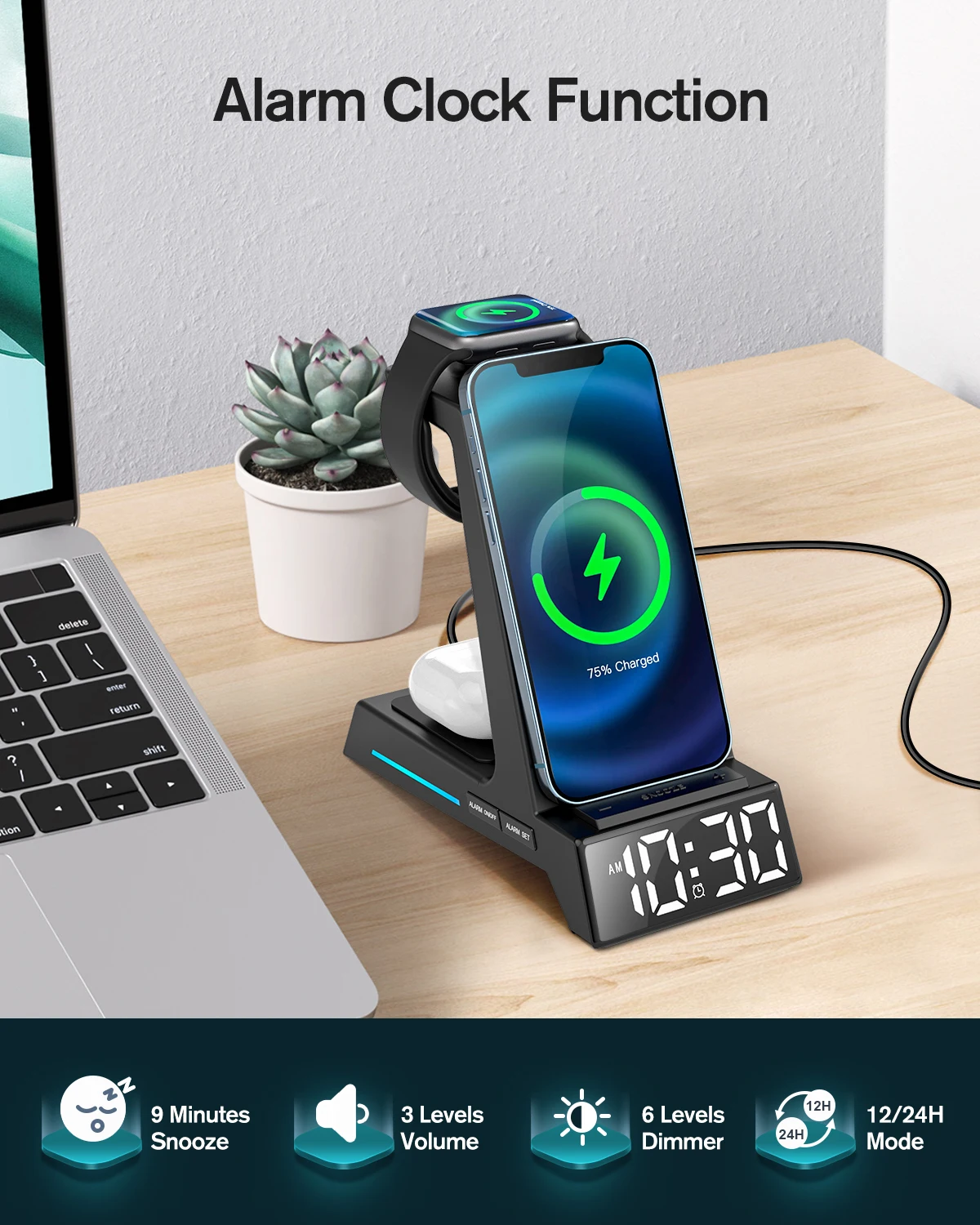 ANJANK Wireless Charging Station-4 in 1 Wireless Charger Alarm Clock,Charging Stand Dock for iPhone/AirPods/Apple Watch