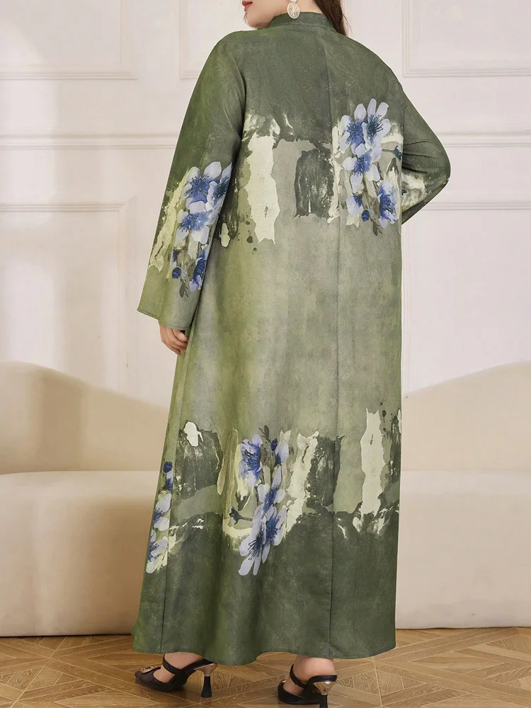 GIBSIE Plus Size V-Neck Button Detail Print Long Dress Women Autumn Chinese style Casual Long Sleeve Loose Maxi Dresses 2026